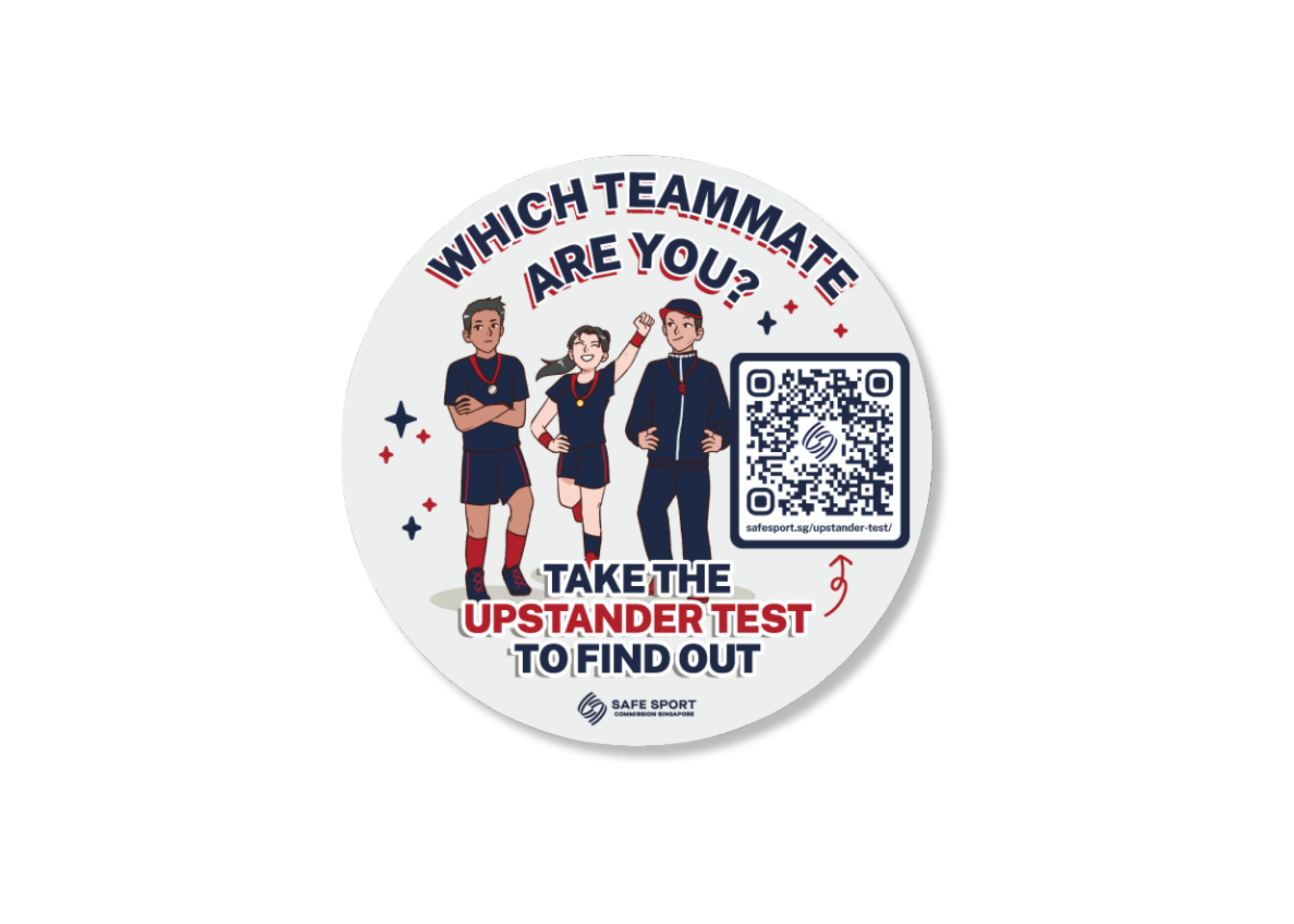 3 cartoon characters representing different roles in sport such as athlete and coach standing next to a QR code